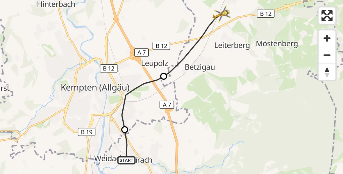 Flugroute Rettungshubschrauber Durach - Betzigau, 29 Oktober 2026, 07:47