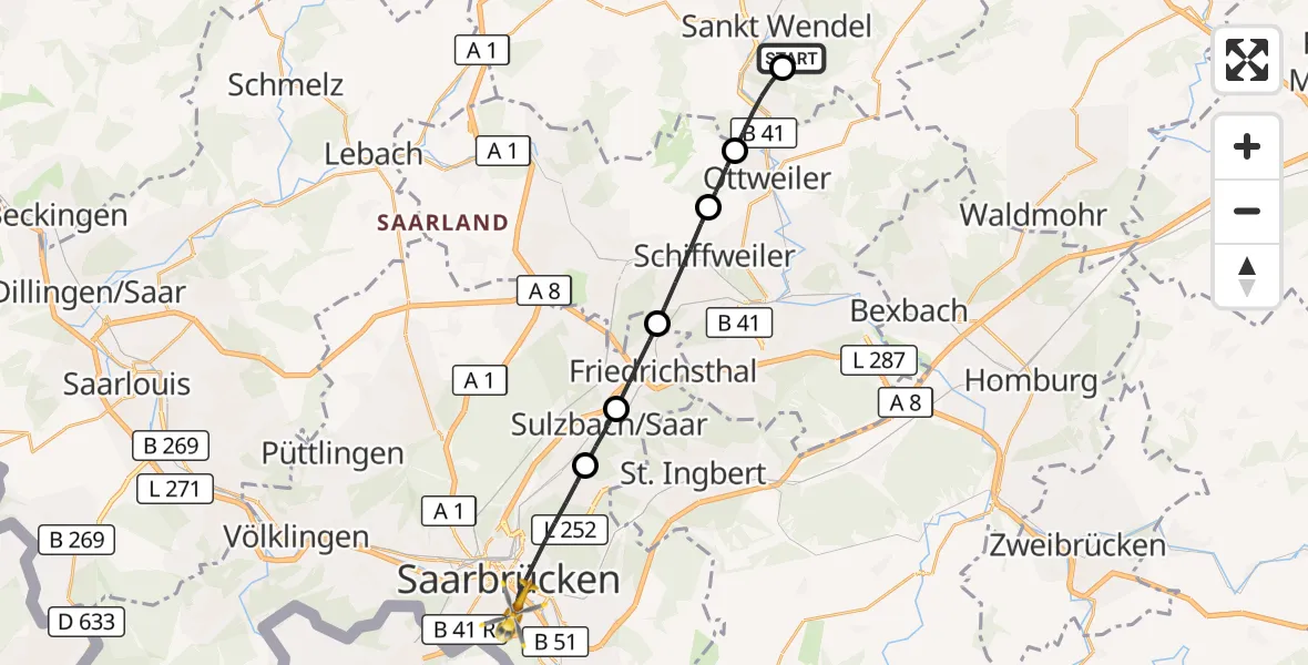 Flugroute Rettungshubschrauber Marienhaus Hospital Sankt Wendel-Ottweiler - Saarbrücken, 29 Oktober 2026, 07:54