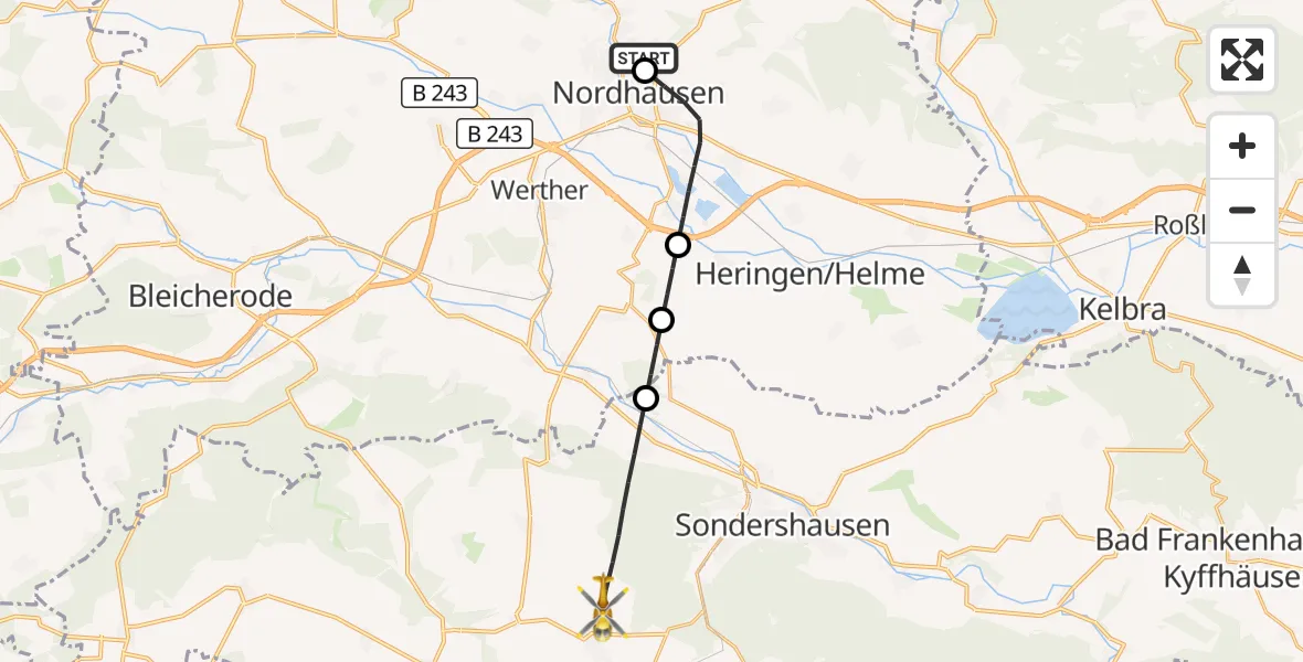 Flugroute Rettungshubschrauber Südharz Hospital Nordhausen - Sondershausen, 29 Oktober 2026, 08:30