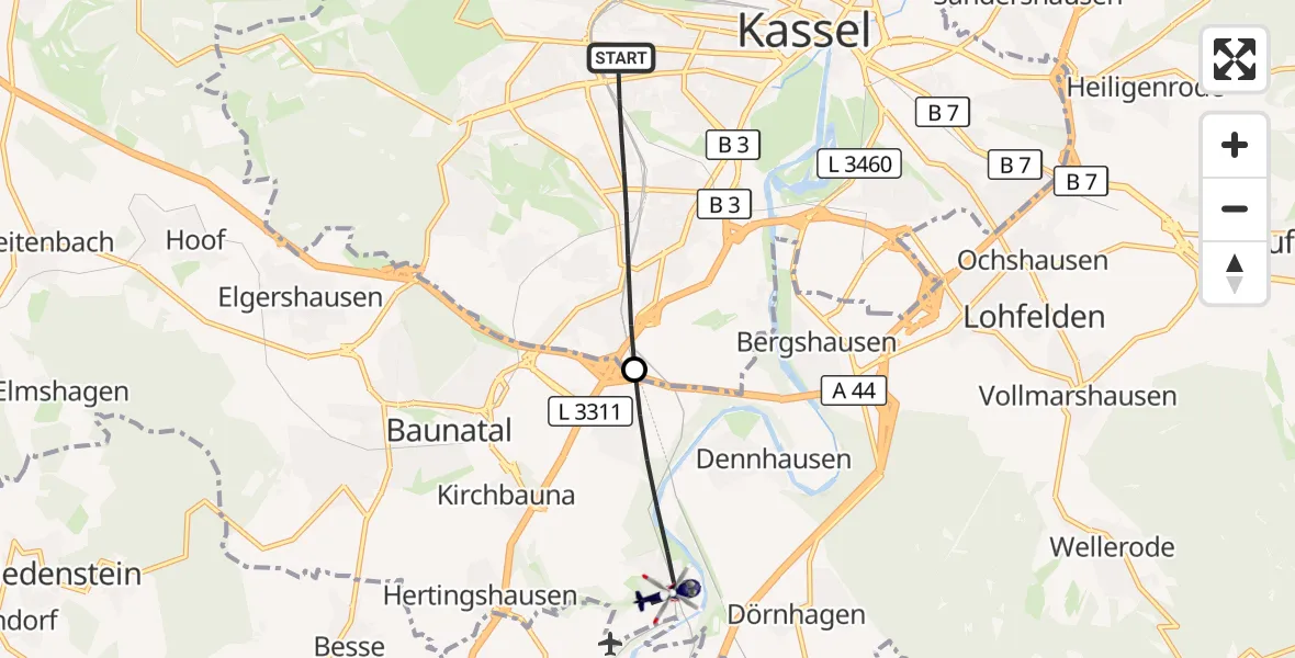 Flugroute Polizeihubschrauber Kassel - Baunatal, 29 Oktober 2026, 08:40