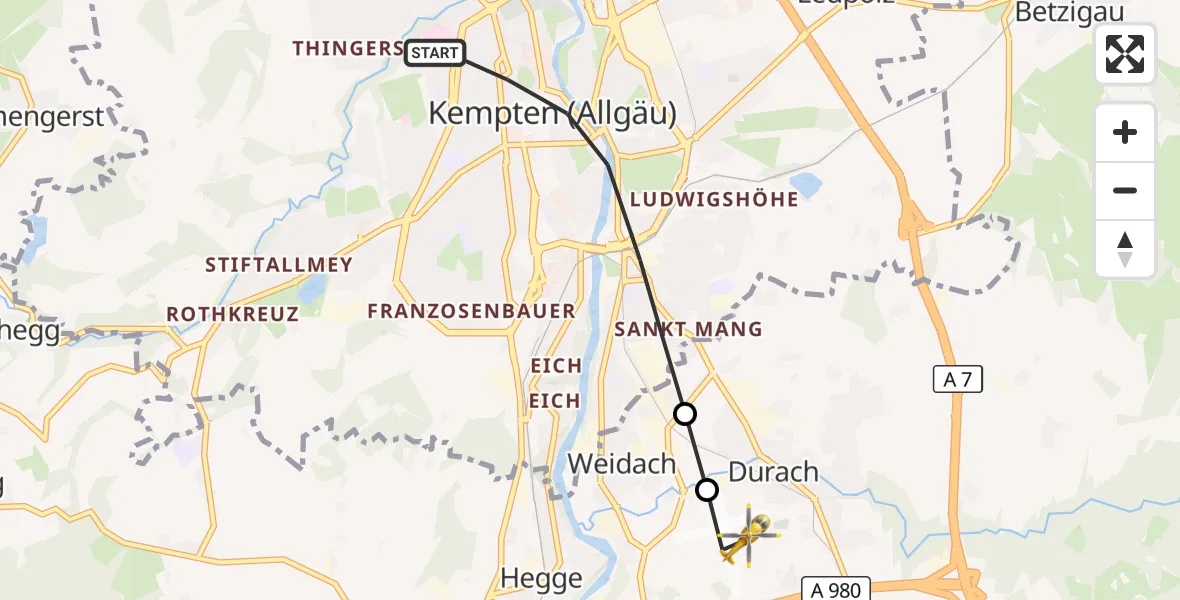 Flugroute Rettungshubschrauber Kempten (Allgäu) - Kempten-Durach Flugplatz, 29 Oktober 2026, 08:44