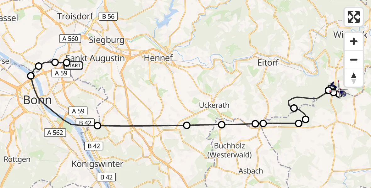Flugroute Polizeihubschrauber Bonn-Hangelar Flugplatz - Windeck, 29 Oktober 2026, 08:47