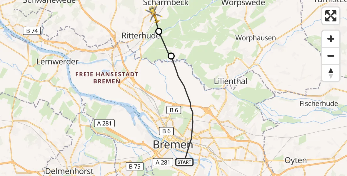 Flugroute Rettungshubschrauber Bremen - Osterholz-Scharmbeck, 29 Oktober 2026, 08:56