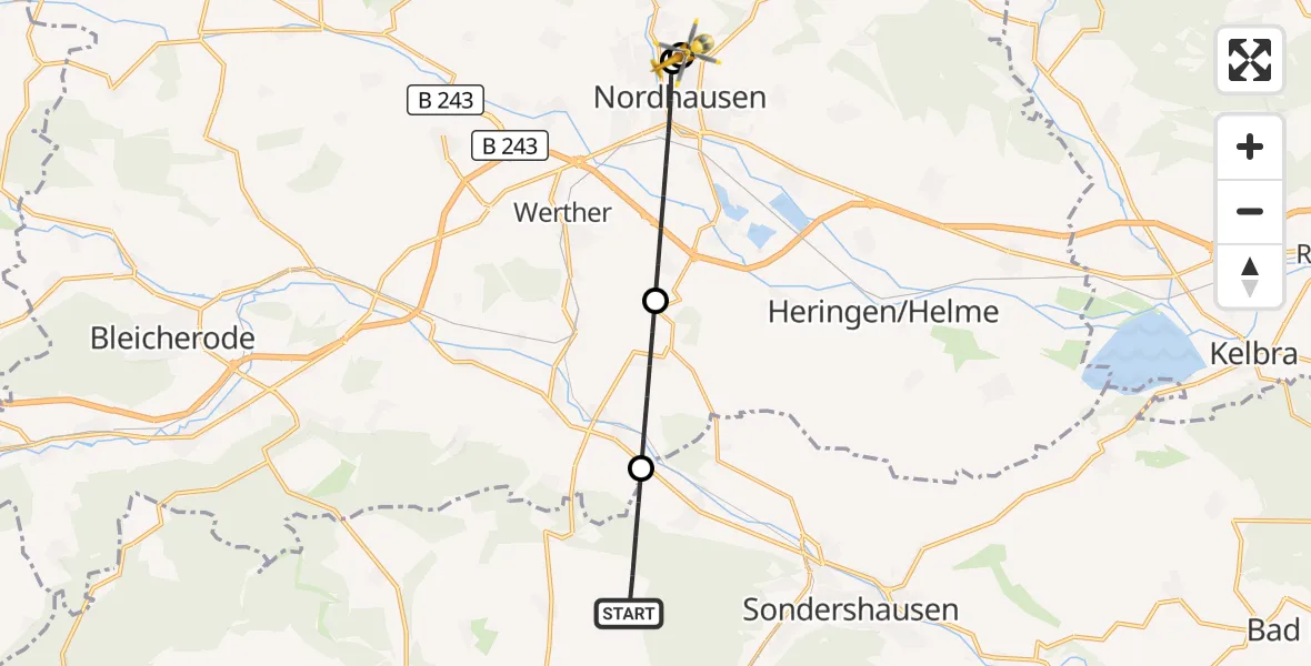 Flugroute Rettungshubschrauber Sondershausen - Südharz Hospital Nordhausen, 29 Oktober 2026, 09:09