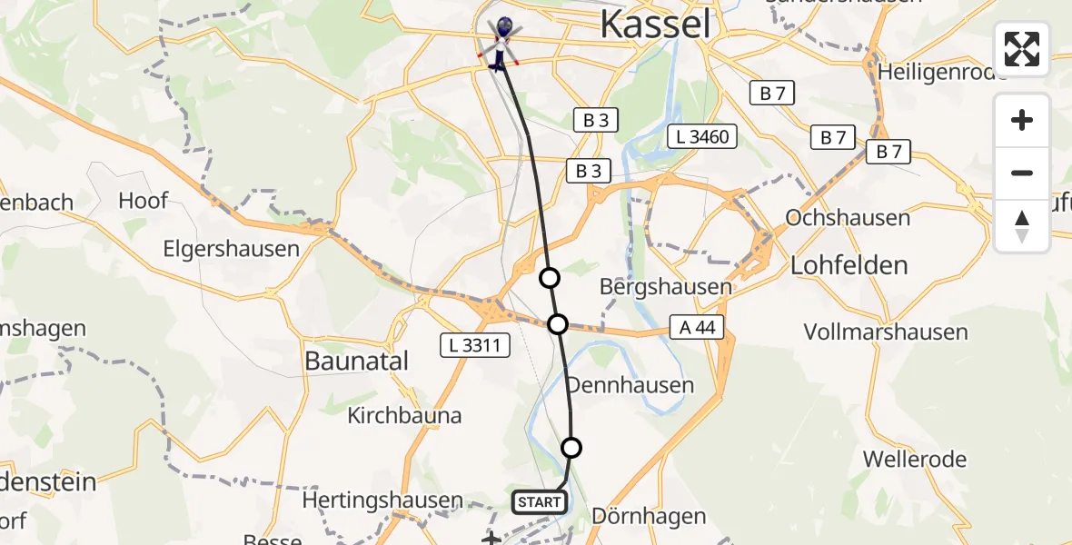 Flugroute Polizeihubschrauber Baunatal - Kassel, 29 Oktober 2026, 09:12