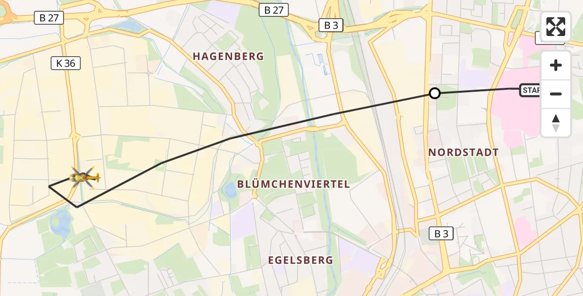 Flugroute Rettungshubschrauber Göttingen University Clinic Hubschrauberlandeplatz - Göttingen, 29 Oktober 2026, 09:18