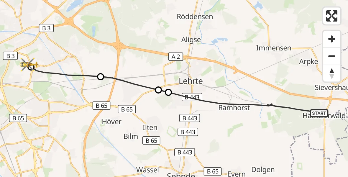 Flugroute Rettungshubschrauber Lehrte - Hannover Luftrettung Hubschrauberlandeplatz (Christoph 4), 29 Oktober 2026, 09:22