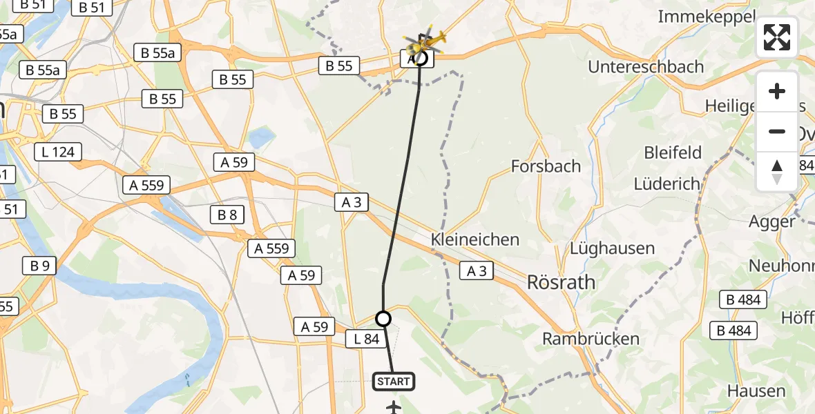 Flugroute Rettungshubschrauber Köln Bonn Flughafen - Bergisch Gladbach, 29 Oktober 2026, 09:27