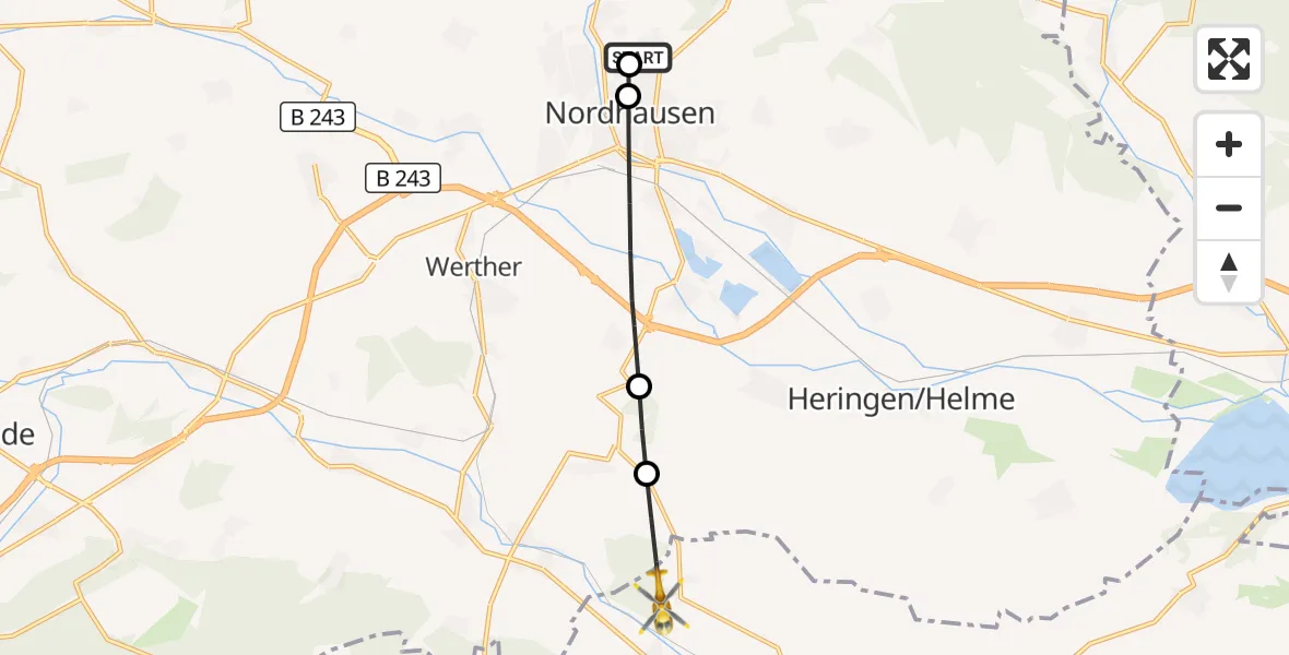 Flugroute Rettungshubschrauber Südharz Hospital Nordhausen - Sondershausen, 29 Oktober 2026, 09:40