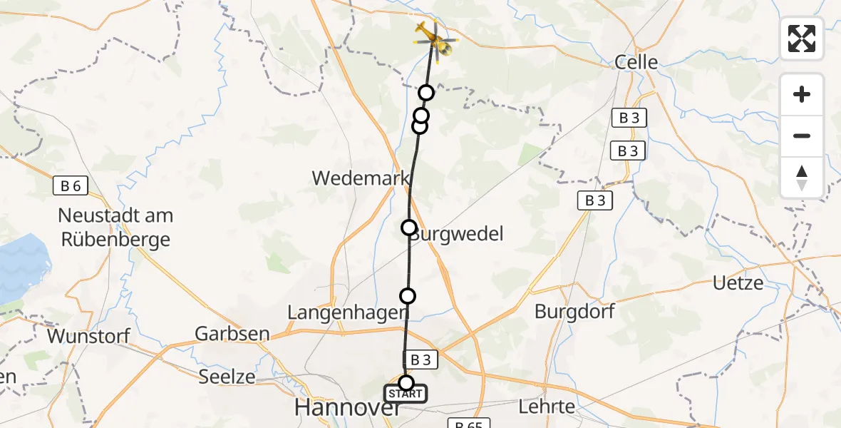Flugroute Rettungshubschrauber Hannover Luftrettung Hubschrauberlandeplatz (Christoph 4) - Wietze, 29 Oktober 2026, 09:40