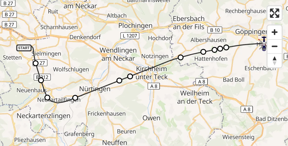 Flugroute Polizeihubschrauber Flughafen Stuttgart - Göppingen, 29 Oktober 2026, 09:50