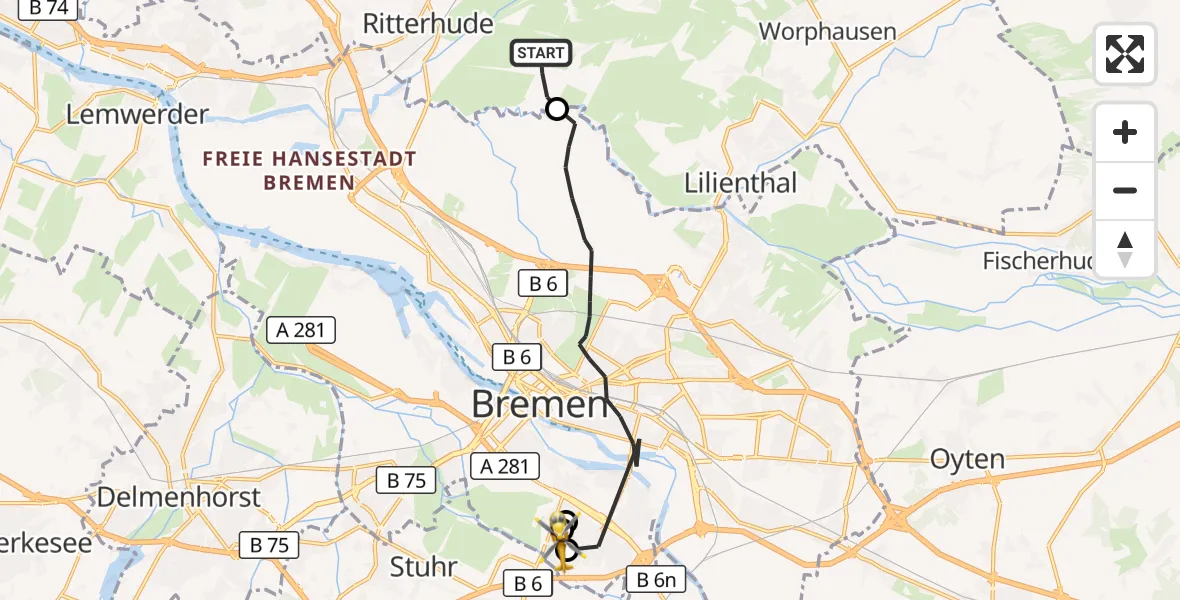 Flugroute Rettungshubschrauber Lilienthal - ADAC Air Rescue Station Bremen Hubschrauberlandeplatz (Christoph 6), 29 Oktober 2026, 09:58