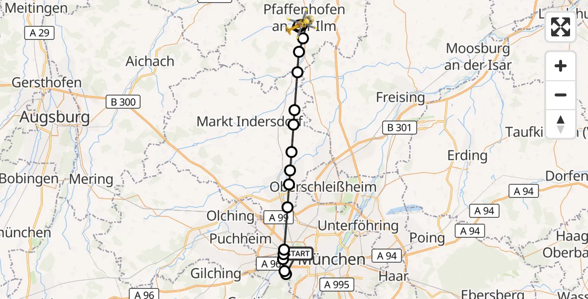 Flugroute Rettungshubschrauber München - Ilmtal Hospital Pfaffenhofen, 29 Oktober 2026, 09:58