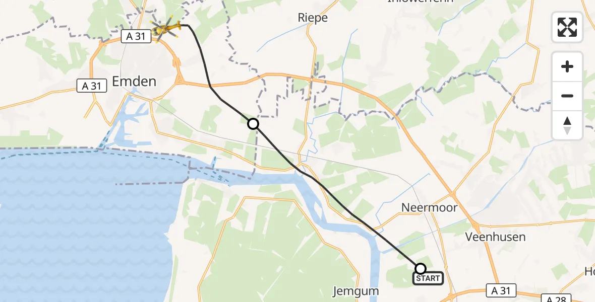 Flugroute Ambulanzhubschrauber Flugplatz Leer-Papenburg - Emden Flughafen, 29 Oktober 2026, 09:59