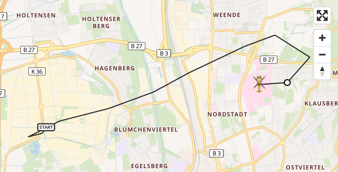 Flugroute Rettungshubschrauber Göttingen - Göttingen University Clinic Hubschrauberlandeplatz, 29 Oktober 2026, 10:02