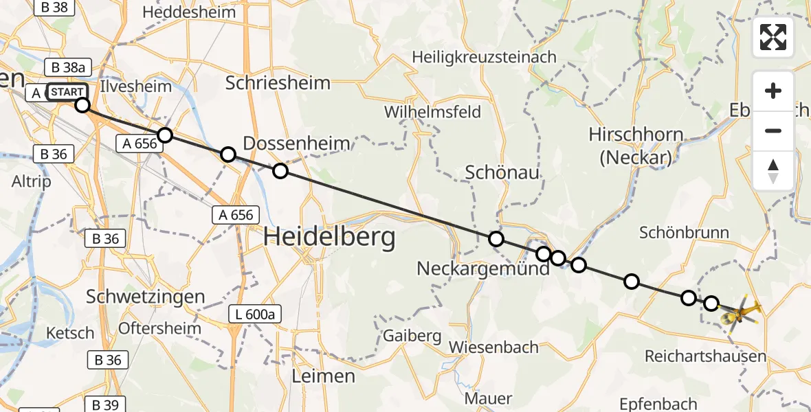 Flugroute Rettungshubschrauber Mannheim-City Flughafen - Aglasterhausen, 29 Oktober 2026, 10:10