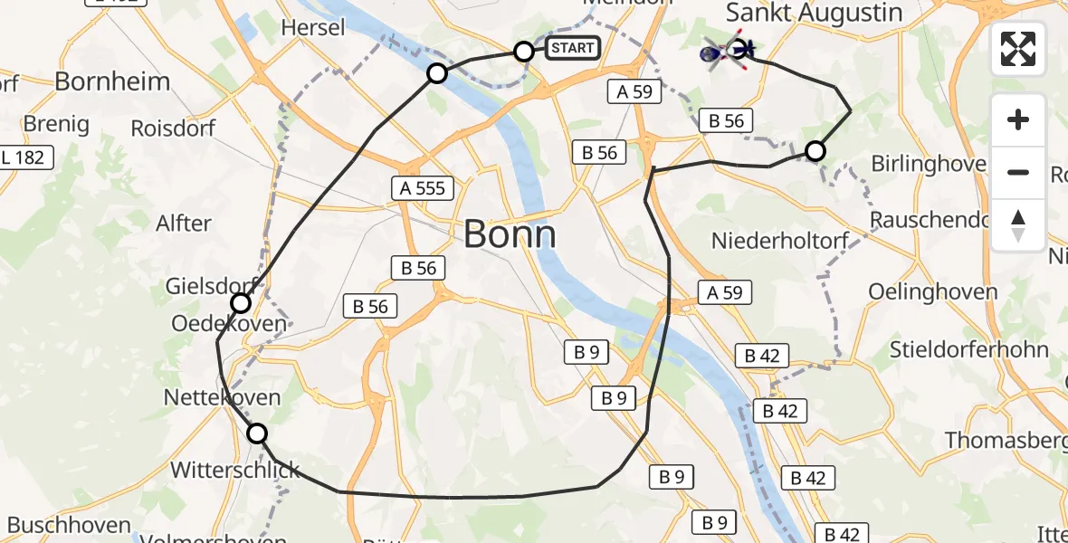 Flugroute Polizeihubschrauber Bonn - Bonn-Hangelar Flugplatz, 29 Oktober 2026, 10:12