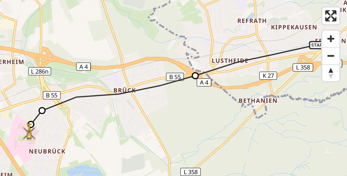 Flugroute Rettungshubschrauber Bergisch Gladbach - Merheim Hospital, 29 Oktober 2026, 10:14