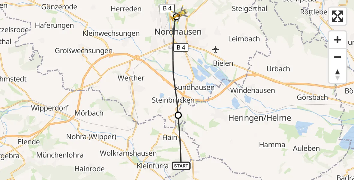 Flugroute Rettungshubschrauber Kleinfurra - Südharz Hospital Nordhausen, 29 Oktober 2026, 10:22