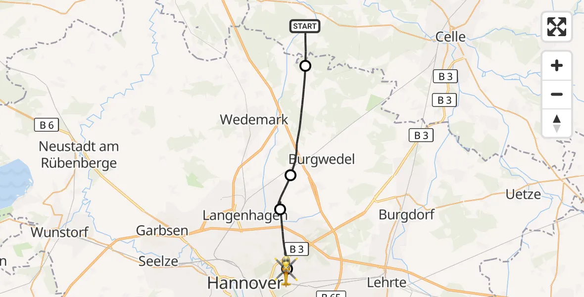 Flugroute Rettungshubschrauber Wietze - Hannover Luftrettung Hubschrauberlandeplatz (Christoph 4), 29 Oktober 2026, 10:28