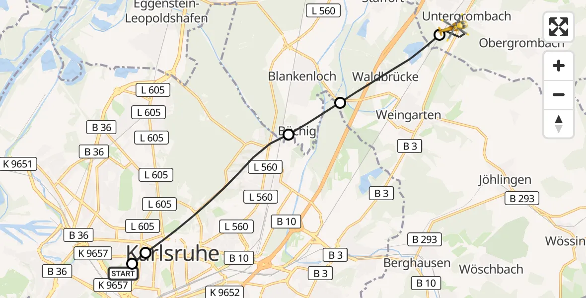 Flugroute Ambulanzhubschrauber Sankt Vincentius Hospital - Bruchsal, 29 Oktober 2026, 10:29