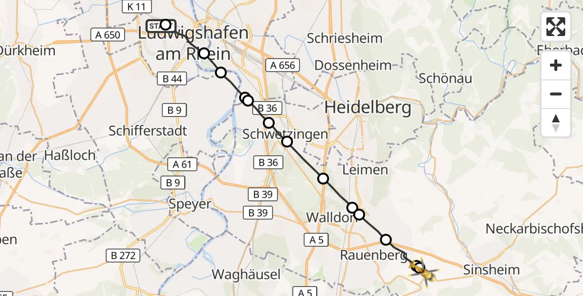 Flugroute Rettungshubschrauber Ludwigshafen Accident Hospital - Sinsheim, 29 Oktober 2026, 10:32