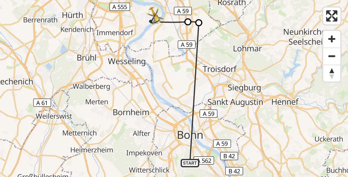 Flugroute Ambulanzhubschrauber Bonn University Hospital - Köln, 29 Oktober 2026, 10:42