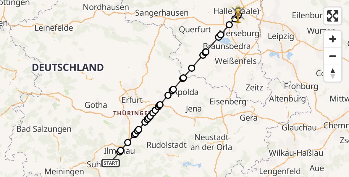 Flugroute Rettungshubschrauber Ilmenau - BG Hospital Bergmannstrost Halle, 29 Oktober 2026, 10:47
