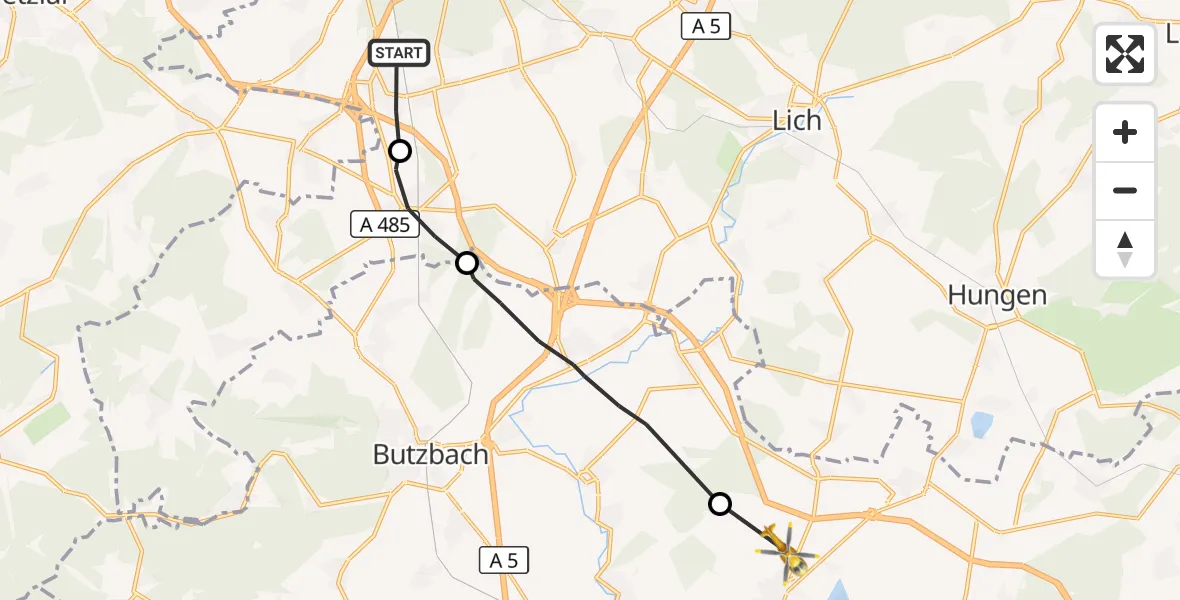 Flugroute Ambulanzhubschrauber Linden - Wölfersheim, 29 Oktober 2026, 10:58