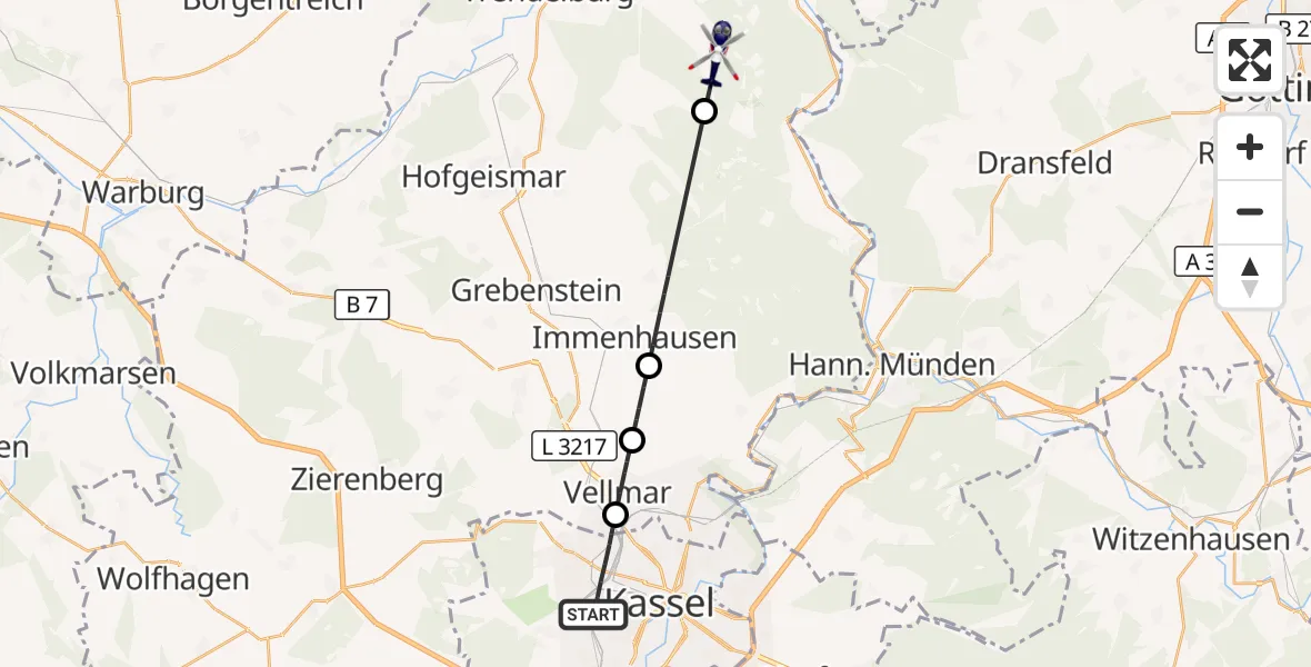 Flugroute Polizeihubschrauber Kassel - Hofgeismar, 29 Oktober 2026, 11:02