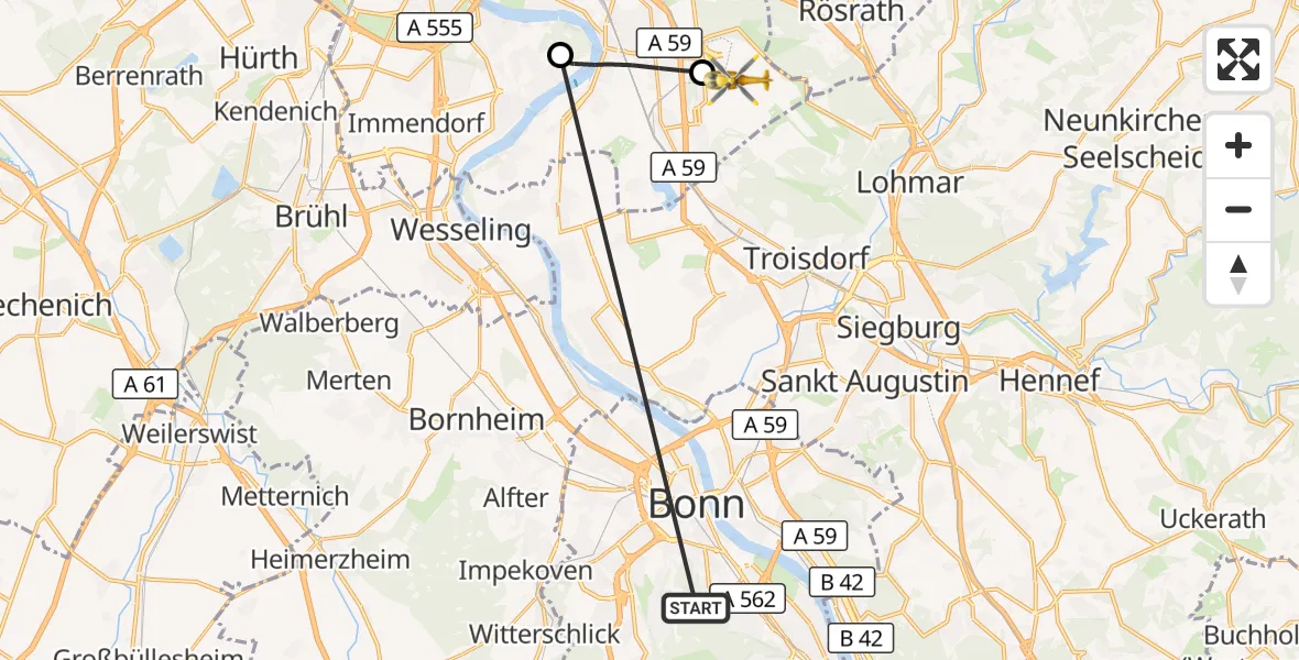 Flugroute Ambulanzhubschrauber Bonn University Hospital - Köln Bonn Flughafen, 29 Oktober 2026, 11:04