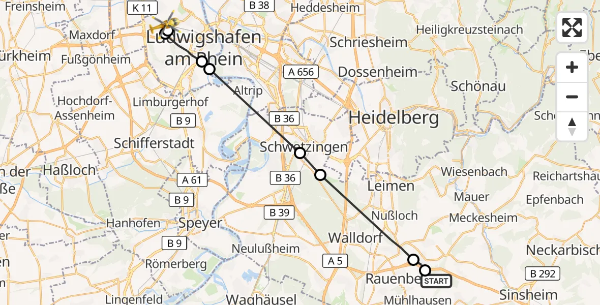 Flugroute Rettungshubschrauber Mühlhausen - Ludwigshafen Accident Hospital Hubschrauberlandeplatz, 29 Oktober 2026, 11:06