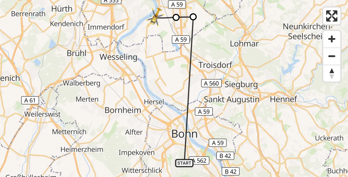 Flugroute Ambulanzhubschrauber Bonn University Hospital - Köln, 29 Oktober 2026, 11:17