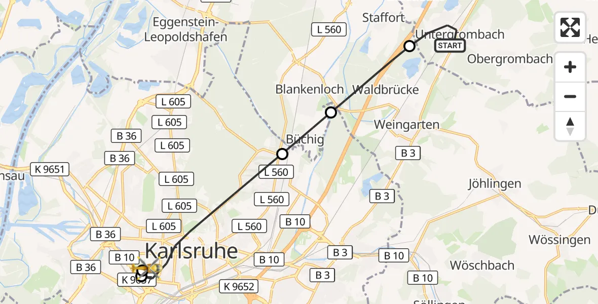 Flugroute Ambulanzhubschrauber Bruchsal - Sankt Vincentius Hospital, 29 Oktober 2026, 11:23
