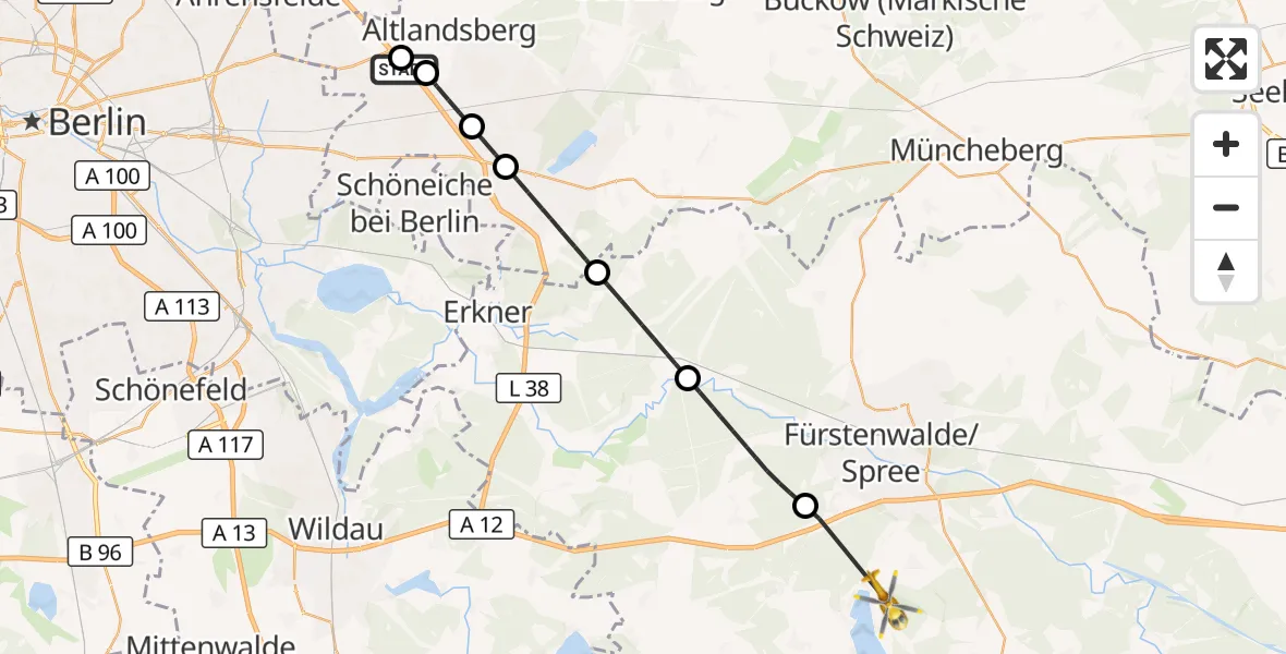 Flugroute Rettungshubschrauber Neuenhagen bei Berlin - Bad Saarow, 29 Oktober 2026, 11:28