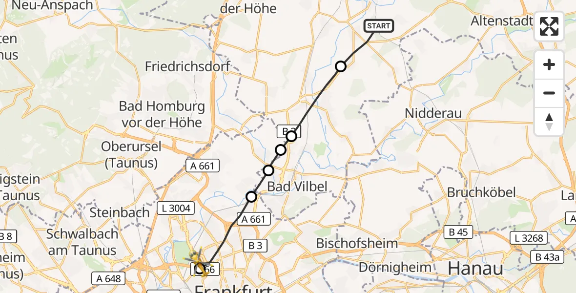 Flugroute Ambulanzhubschrauber Niddatal - Agaplesion Markus Hospital, 29 Oktober 2026, 11:28