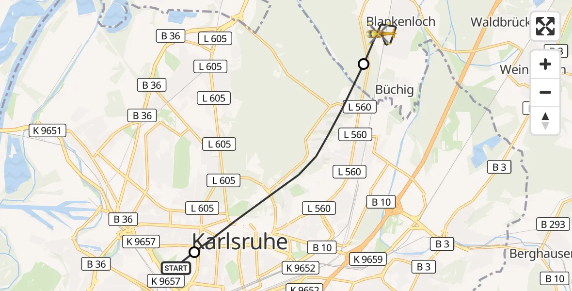 Flugroute Ambulanzhubschrauber Sankt Vincentius Hospital - Stutensee, 29 Oktober 2026, 11:39