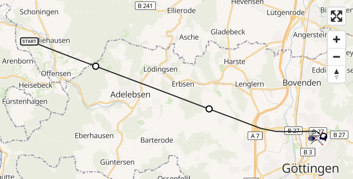 Flugroute Polizeihubschrauber Uslar - Göttingen University Clinic Hubschrauberlandeplatz, 29 Oktober 2026, 11:39