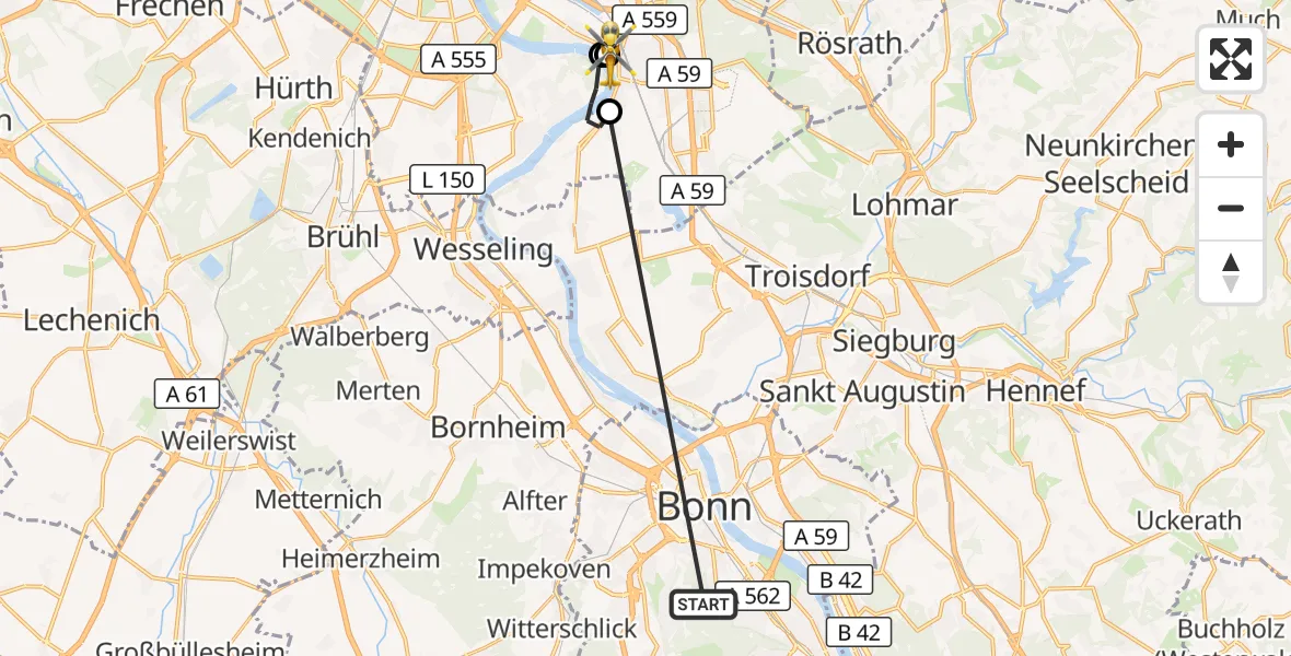 Flugroute Ambulanzhubschrauber Bonn University Hospital - Porz am Rhein Hospital, 29 Oktober 2026, 11:46