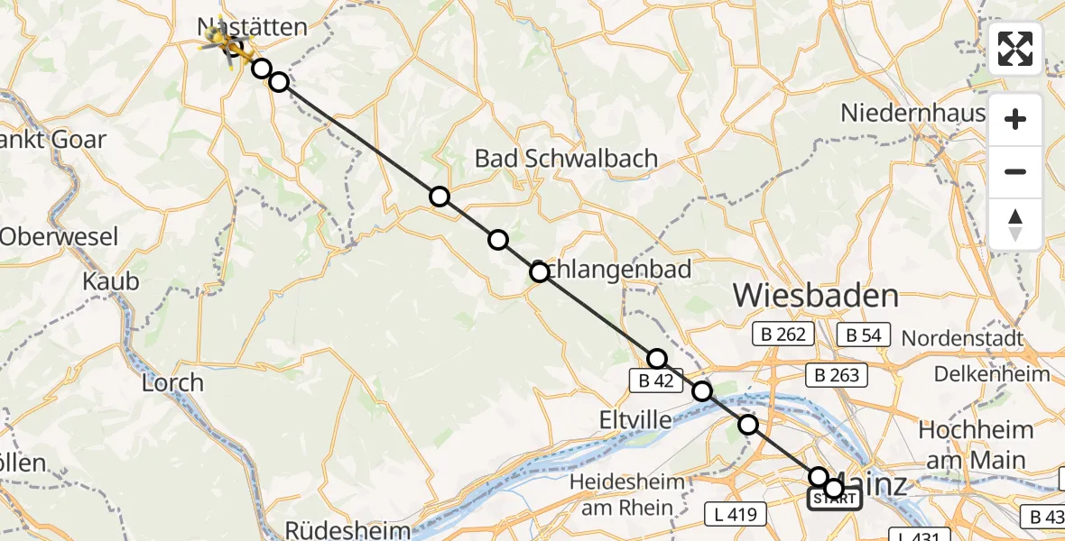 Flugroute Rettungshubschrauber Mainz University Hospital - Oelsberg, 29 Oktober 2026, 11:53