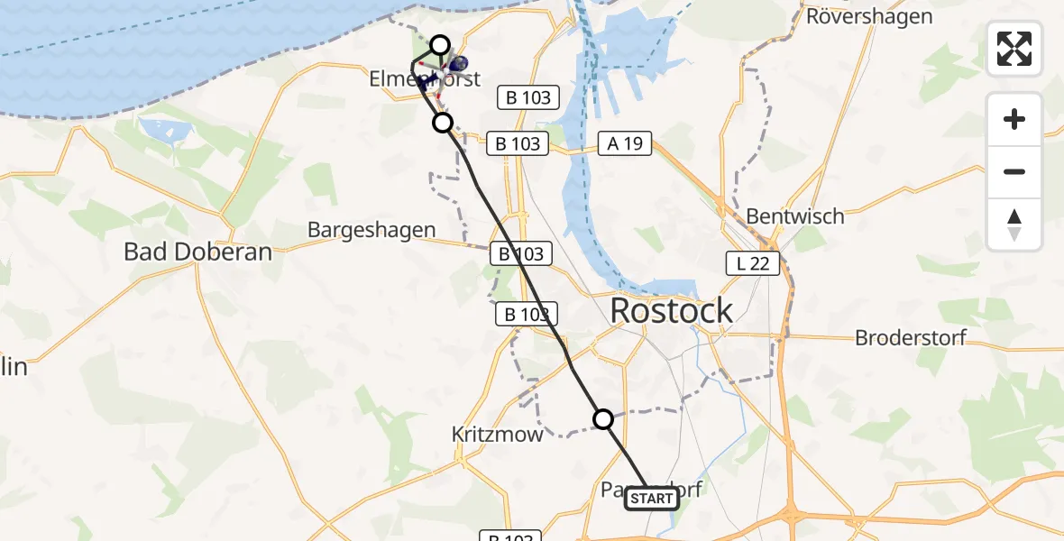 Flugroute Polizeihubschrauber Papendorf - Elmenhorst/Lichtenhagen, 29 Oktober 2026, 11:55