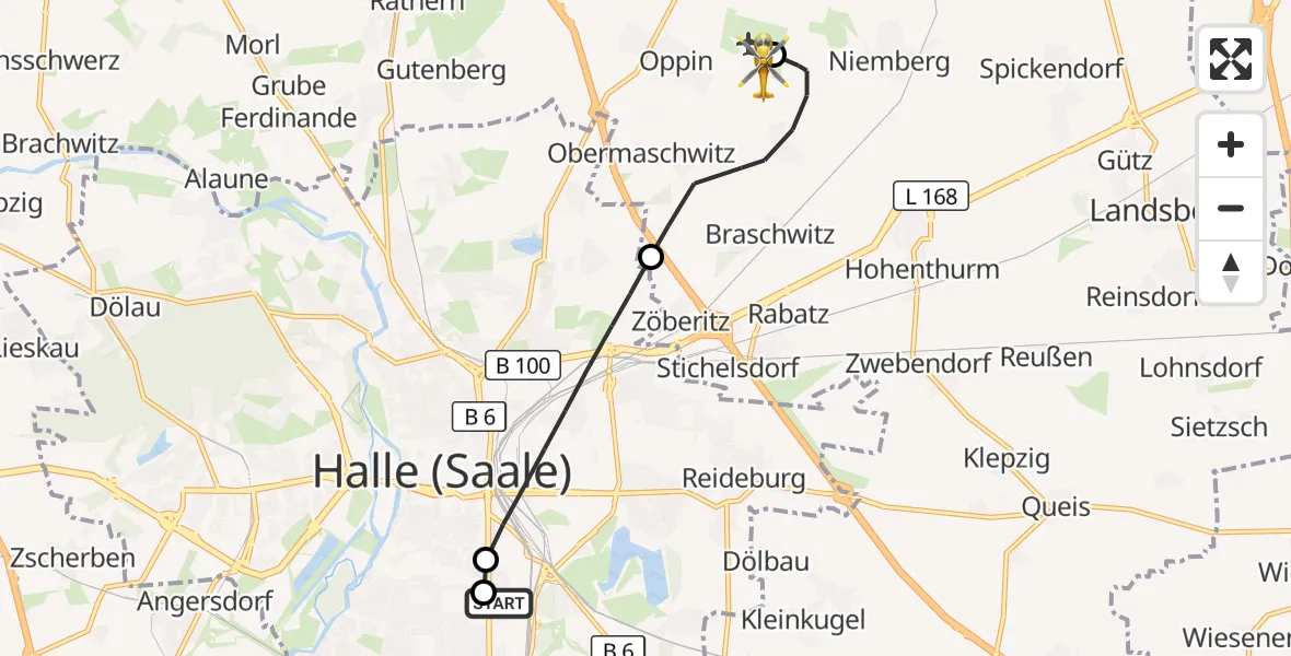 Flugroute Rettungshubschrauber BG Hospital Bergmannstrost Halle - Halle-Oppin Flugplatz, 29 Oktober 2026, 12:02