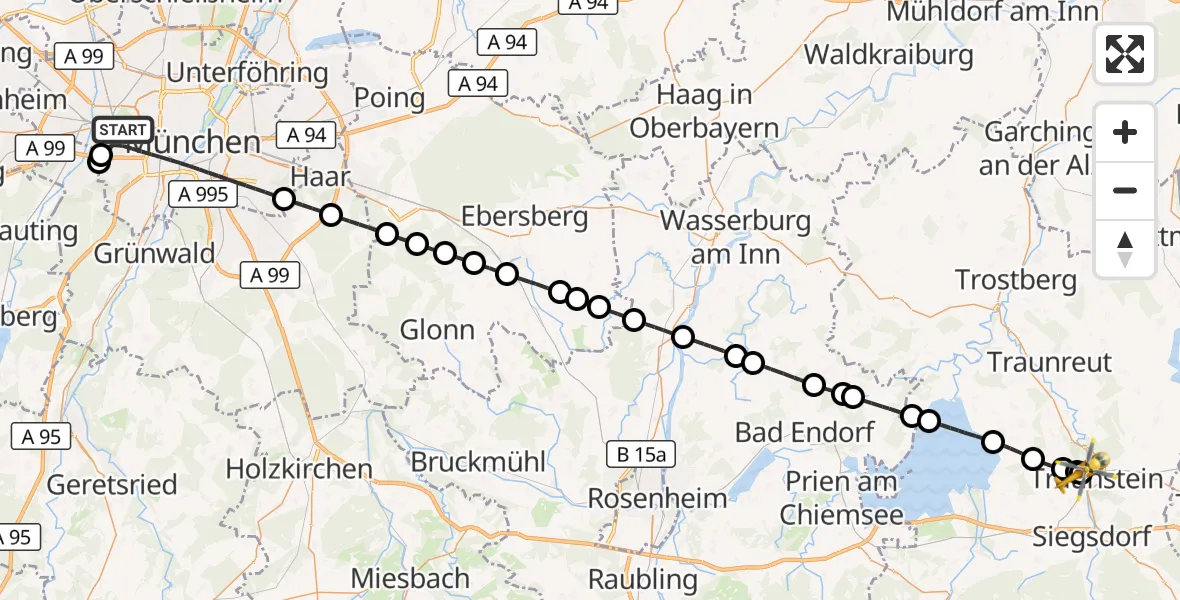 Flugroute Rettungshubschrauber München - Traunstein Hospital, 29 Oktober 2026, 12:04