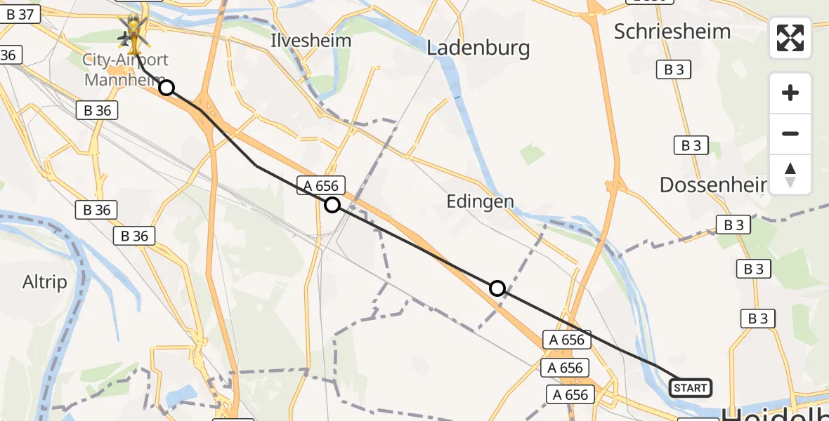 Flugroute Rettungshubschrauber Heidelberg - Mannheim-City Flughafen, 29 Oktober 2026, 12:04
