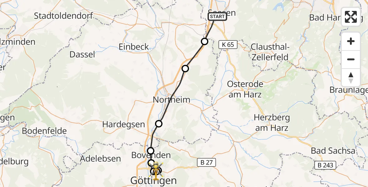 Flugroute Rettungshubschrauber Seesen - Göttingen University Clinic Hubschrauberlandeplatz, 29 Oktober 2026, 12:09