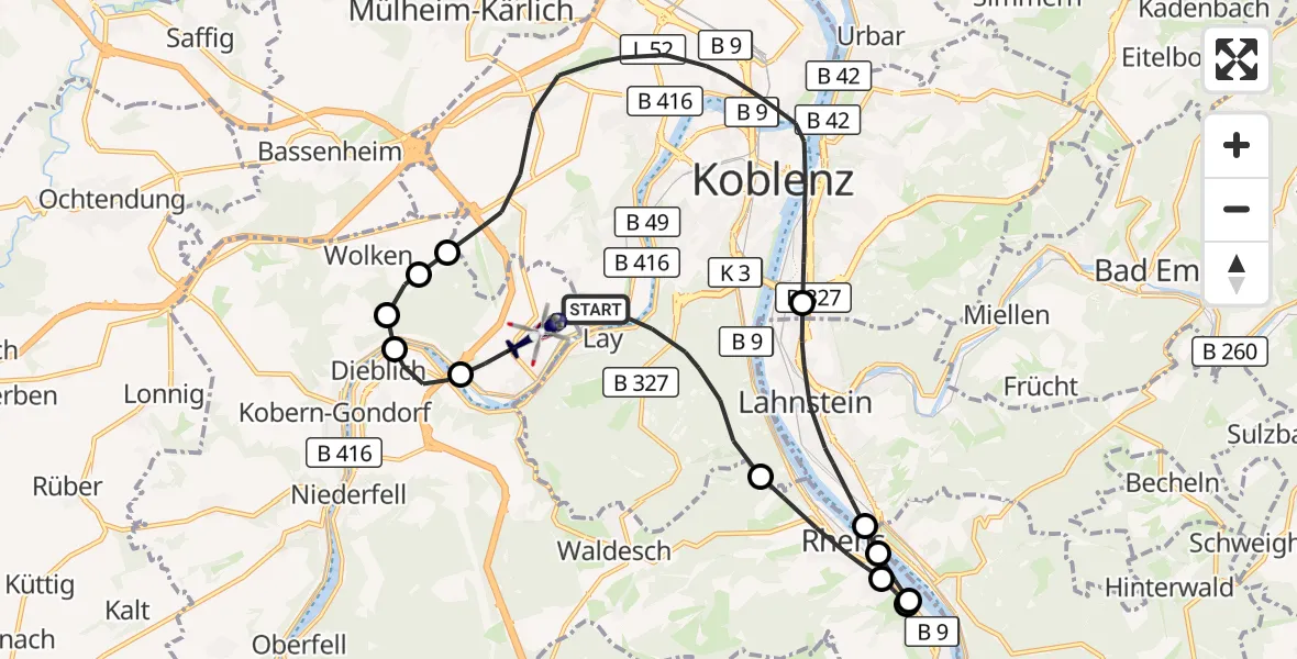 Flugroute Polizeihubschrauber Koblenz - Winningen, 29 Oktober 2026, 12:17