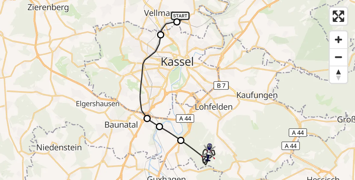 Flugroute Polizeihubschrauber Fuldatal Bundespolizei Hubschrauberlandeplatz - Söhrewald, 29 Oktober 2026, 12:16