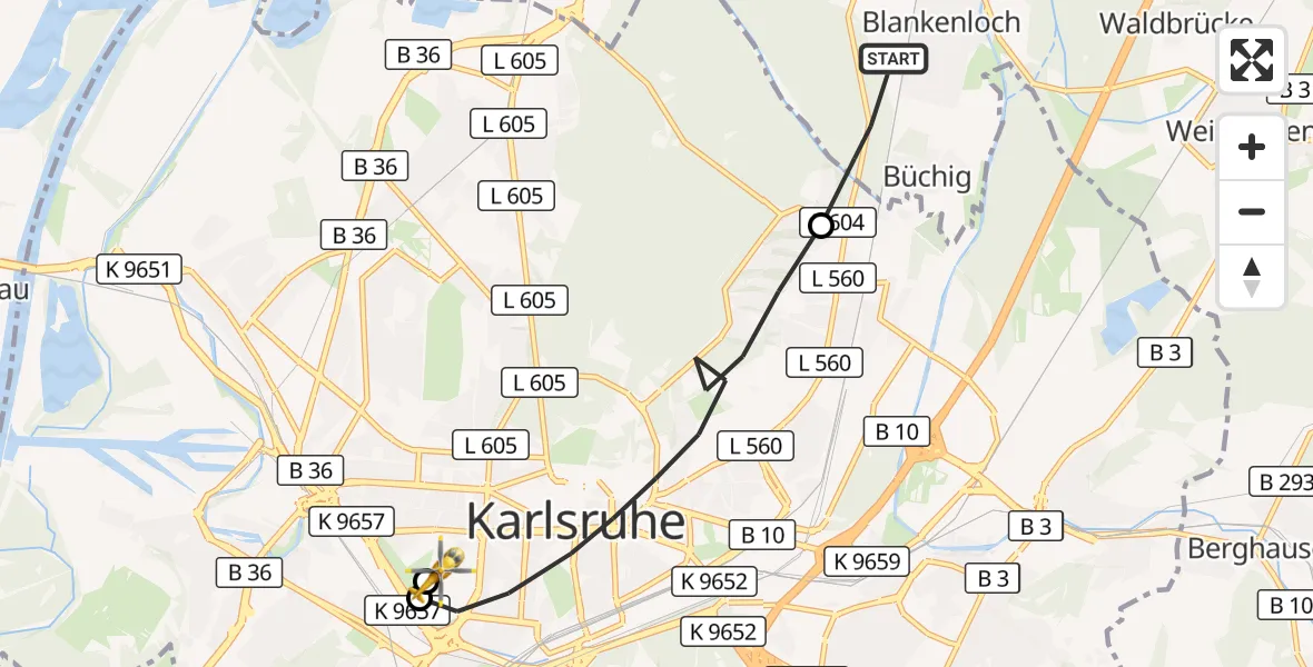 Flugroute Ambulanzhubschrauber Stutensee - Sankt Vincentius Hospital, 29 Oktober 2026, 12:19