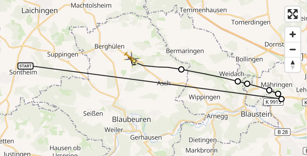 Flugroute Rettungshubschrauber Heroldstatt - Berghülen, 29 Oktober 2026, 12:26