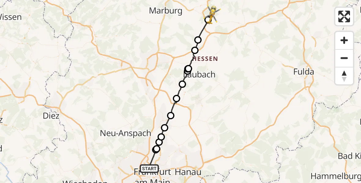 Flugroute Ambulanzhubschrauber Frankfurt am Main - Kirtorf, 29 Oktober 2026, 12:31